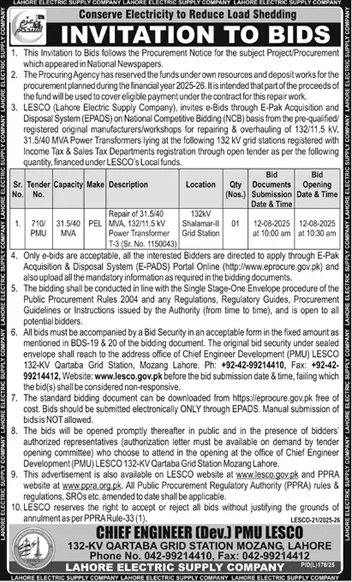Lahore Electric Supply Company Lahore Tender Notice